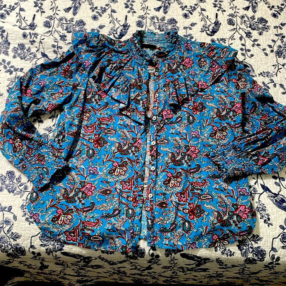 Loft ruffle high neck cottage cotton peasant blouse doen  blue paisley M medium